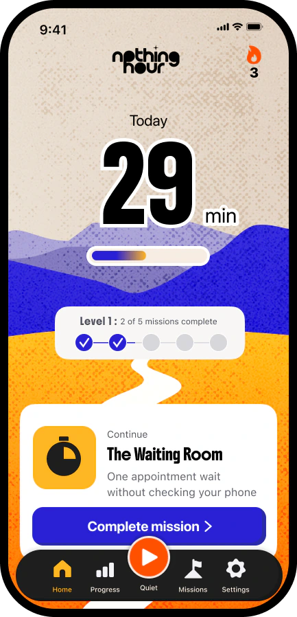 Nothing Hour Home screen mock-up, showing daily quiet-time progress and The Waiting Room mission.